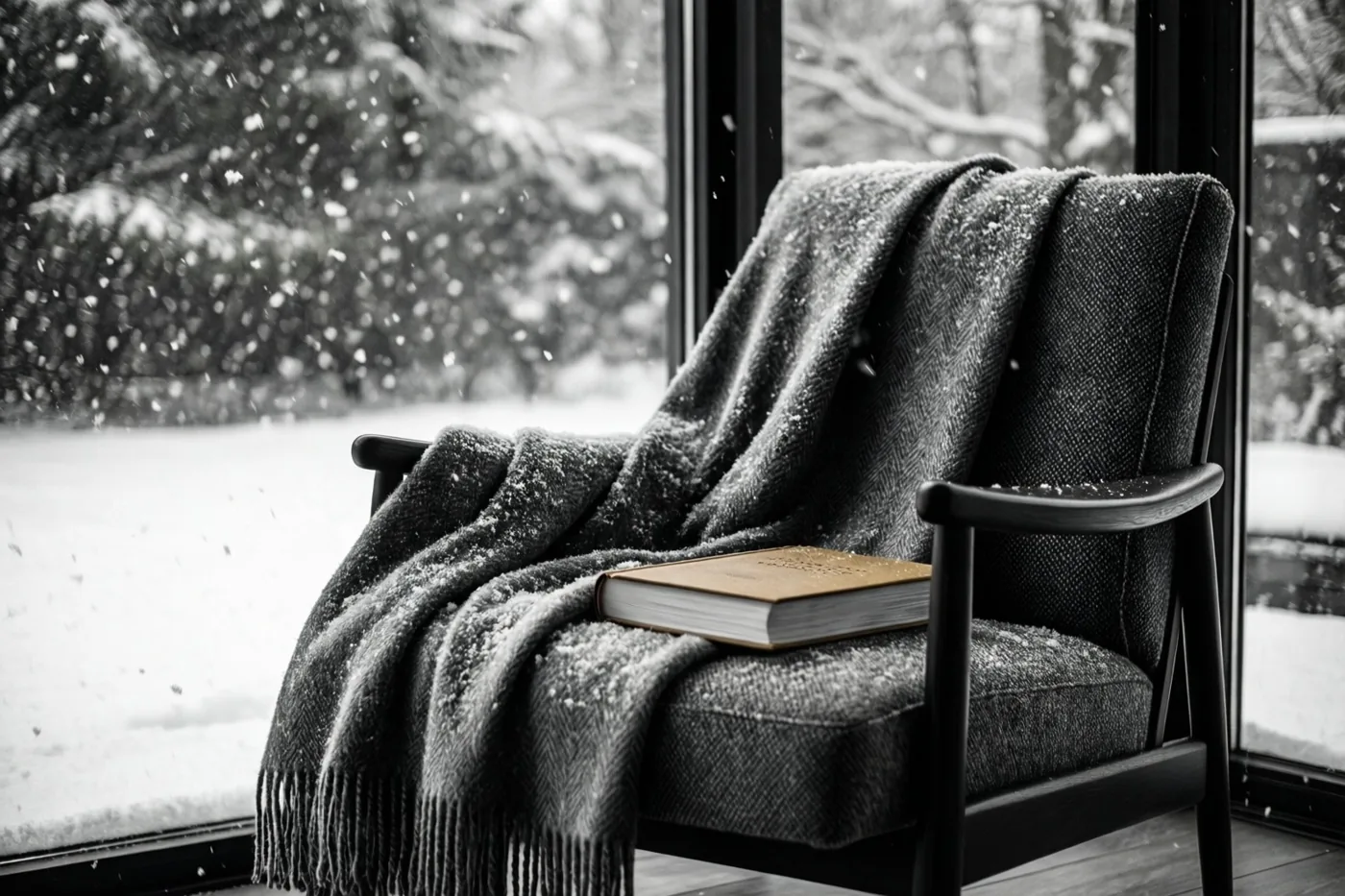 Een designstoel met een deken met structuur en een boek staat naast een groot raam met zicht op vallende sneeuw, in tinten van één kleur.