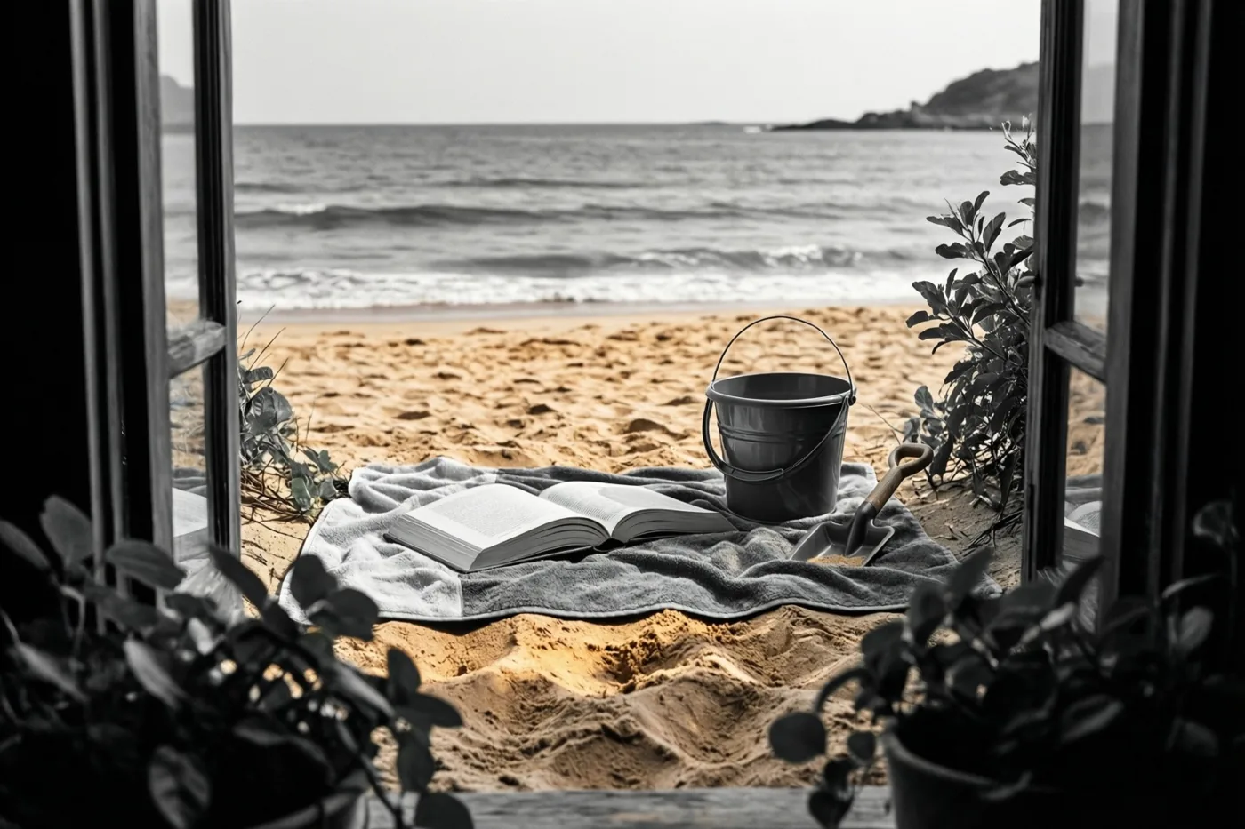Door een raamkozijn zijn een open boek, een emmer en een schepje op een strandhanddoek in het zand te zien, in gedempte tinten met selectieve kleur.