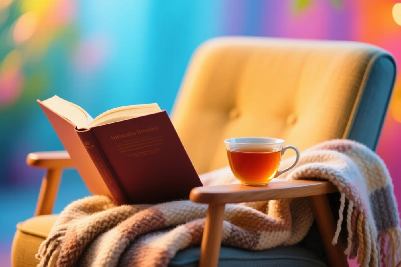 Een open boek en een kop thee staan op een houten bijzettafeltje naast een zetel met een gebreide deken, tegen een onscherpe achtergrond in herfstkleuren.