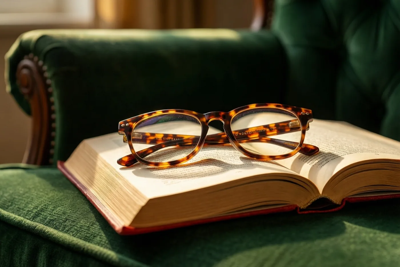 Een leesbril met schildpadmotief rust op een open boek op een diepgroene fluwelen fauteuil, verlicht door warm namiddaglicht.