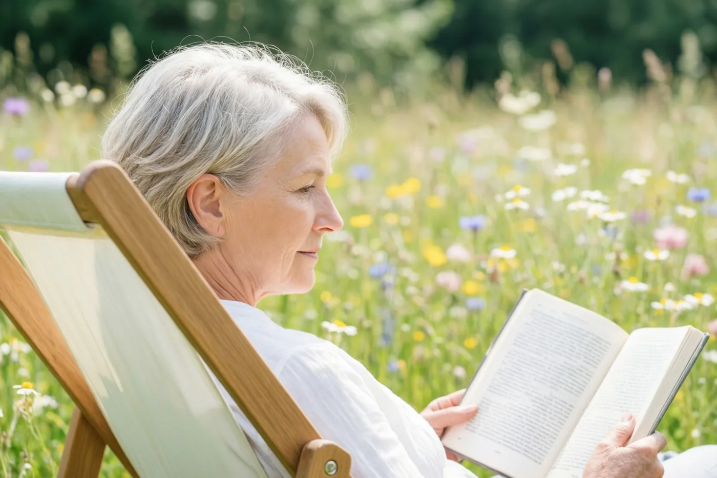 Een oudere vrouw met grijs haar leest een boek in een houten ligstoel in een zonnige weide vol kleurrijke wilde bloemen, met haar gezicht van de camera afgewend.