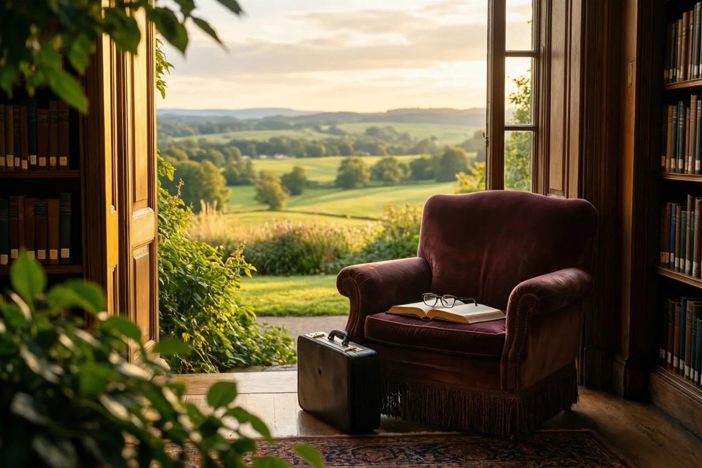 Een bordeauxrode fluwelen fauteuil met een open boek en leesbril staat bij een raam in een bibliotheek met veel hout, met een zwarte aktetas op de vloer en uitzicht op groen platteland.