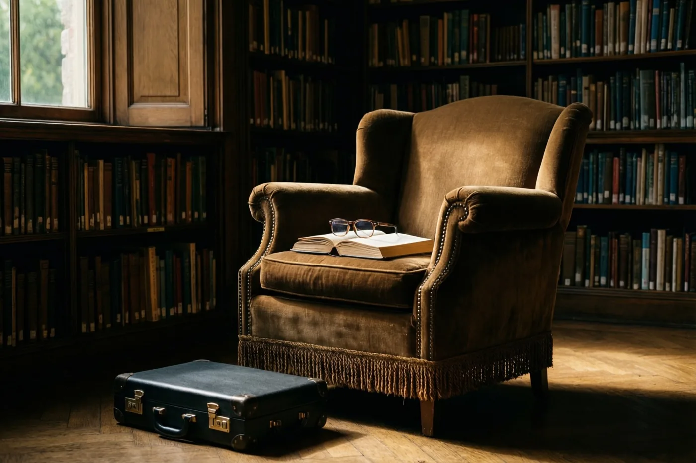 Een bruine fluwelen fauteuil met een open boek en leesbril staat in een bibliotheek in goudkleurig raamlicht, met een zwarte aktetas op de houten vloer ernaast.