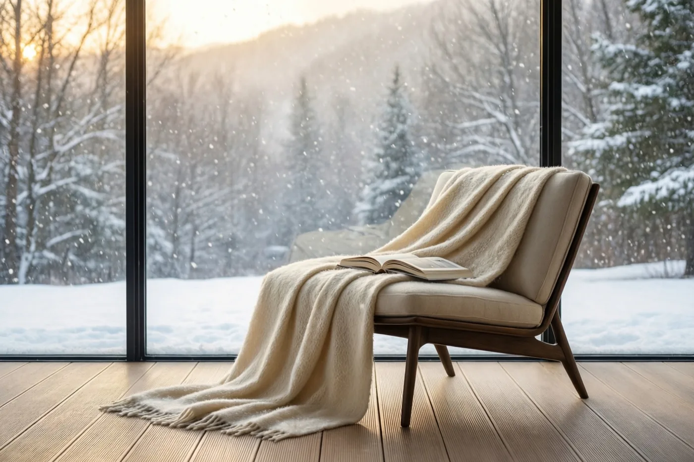 Een beige kasjmieren deken en een open boek liggen op een moderne houten stoel voor een glazen wand, met daarachter vallende sneeuw en besneeuwde bomen.