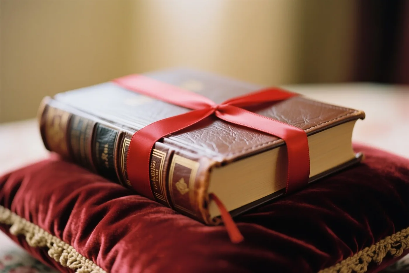 Een groot gesloten boek met leren kaft is dichtgebonden met een rood lint en ligt op een roodfluwelen kussen in zacht warm licht.