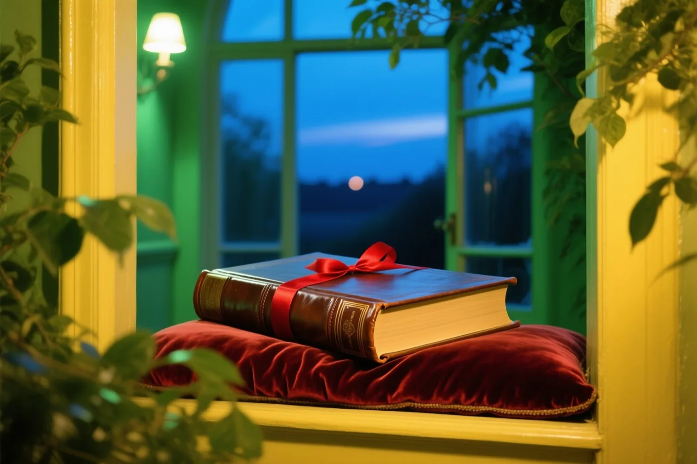 Een gesloten boek met een leren kaft en rood lint ligt op een roodfluwelen kussen op de vensterbank, met warm licht binnen en de maan aan de blauwe avondhemel buiten.