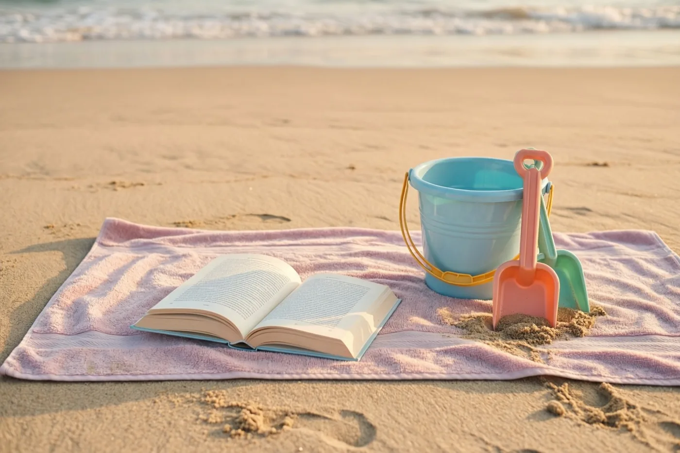 Een open boek, een blauwe emmer en roze en groene schepjes liggen op een roze strandhanddoek in het zand bij de zee.