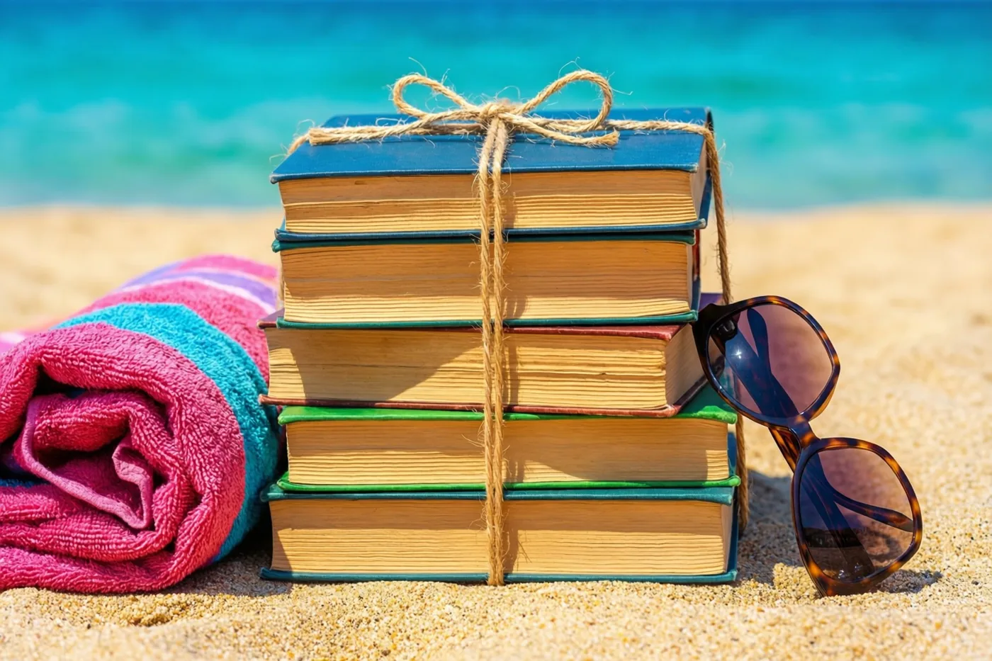 Vijf dichtgebonden boeken liggen op goudkleurig zand naast een opgerolde strandhanddoek en een zonnebril met schildpadmotief, met turquoise zeewater op de achtergrond.