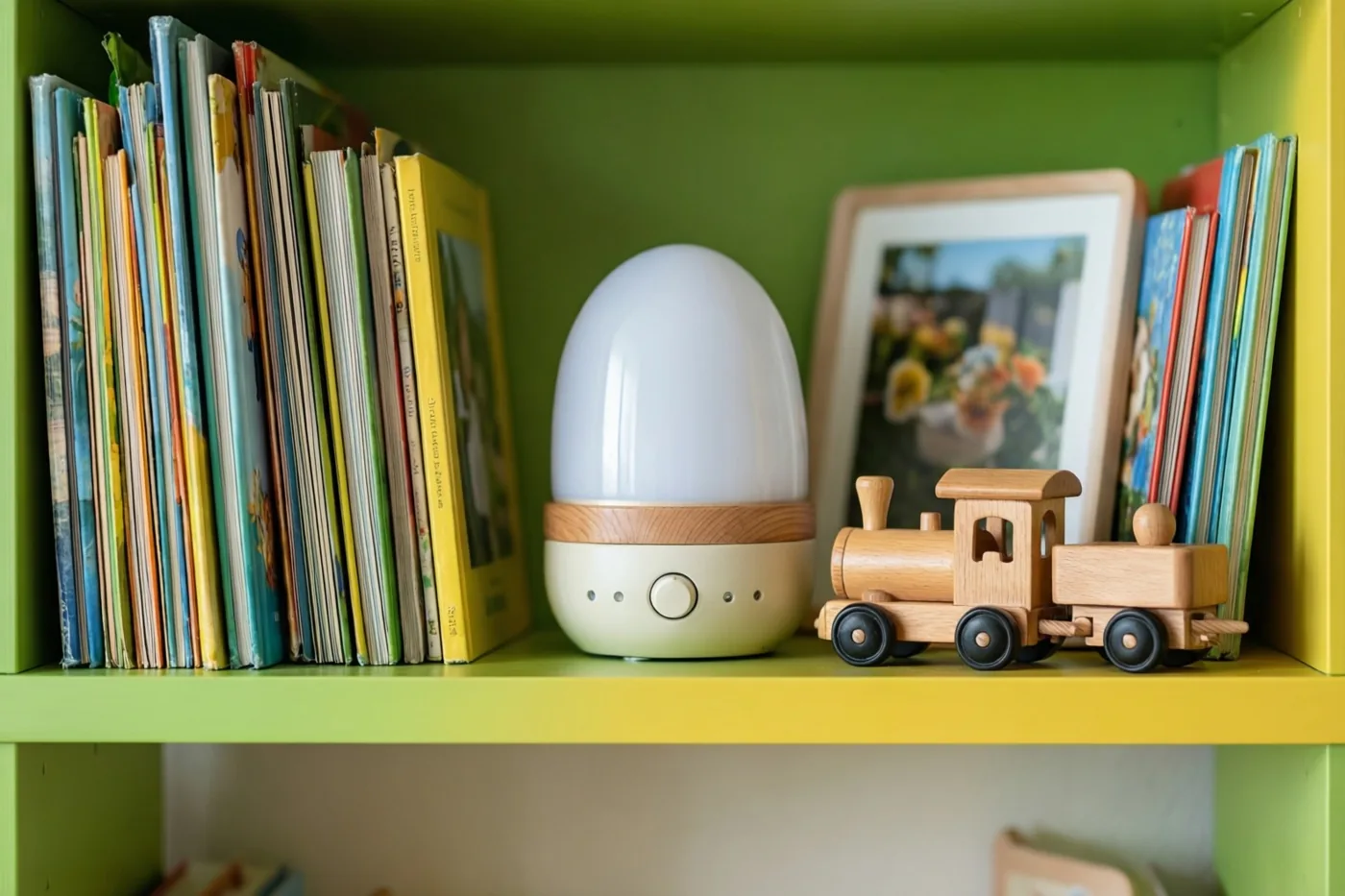 Op een felgroen en geel rek in een babykamer staan kleurrijke prentenboeken, een keramieken nachtlampje en een houten speelgoedtrein, met een ingelijste foto op de achtergrond.