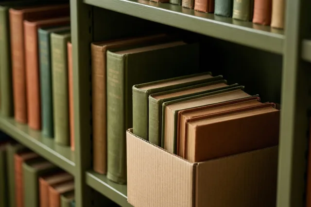 Een groene boekenkast is van dichtbij te zien met een kartonnen doos vol boeken in groene, bruine en beige tinten.