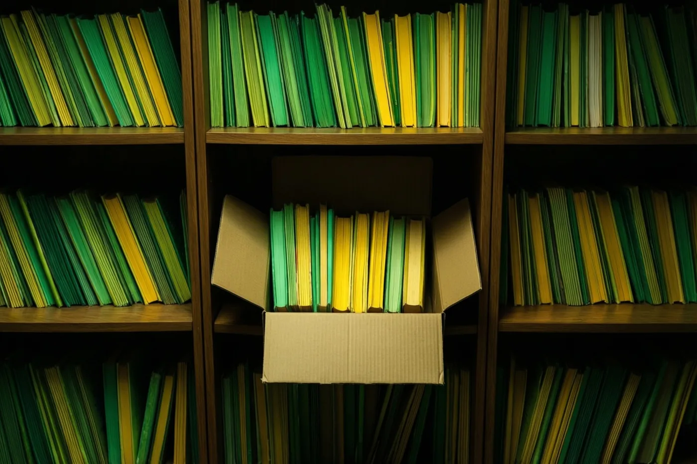 Een houten boekenkast met groene en gele boeken bevat in het midden een kartonnen doos met meer boeken, in gedempt licht.