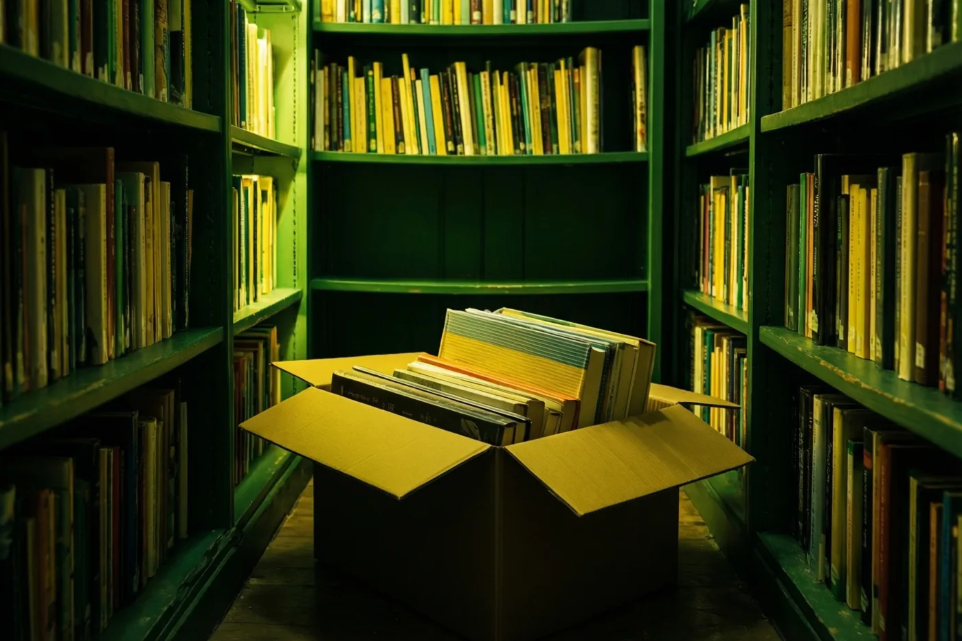 Een kartonnen doos vol boeken staat op de vloer tussen hoge, grotendeels lege groene boekenkasten in warm gedempt licht.