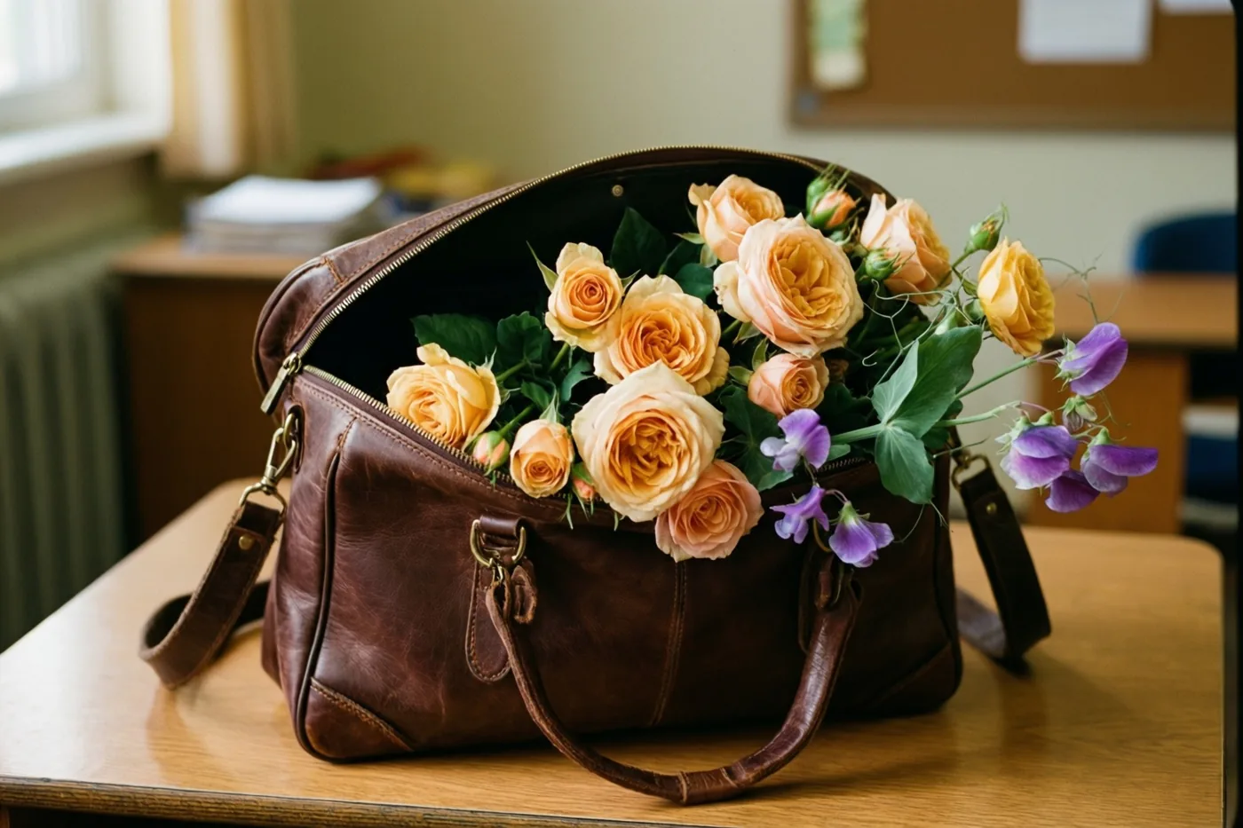 Een open bruine leren boekentas met perzikkleurige en gele tuinrozen en paarse reukerwten staat op een houten bureau in zacht licht.