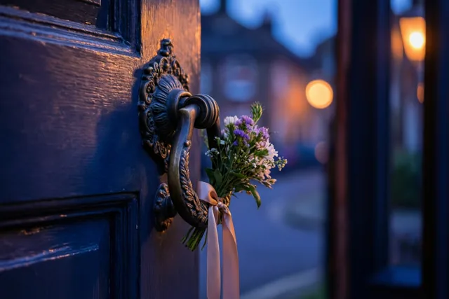 Een klein boeket paarse en witte bloemen met een lichtroze lint hangt aan een sierlijke messing deurklopper op een donkerblauwe houten deur, met wazige straatlichten in de schemering.