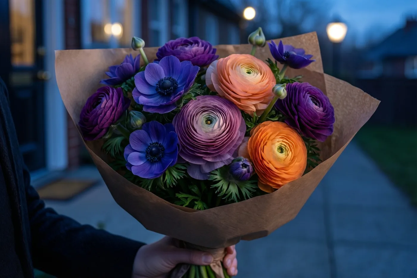 Een hand houdt bij een voordeur in de schemering een boeket paarse anemonen en oranje en paarse ranonkels in bruin papier, met warme lichtjes op de achtergrond.