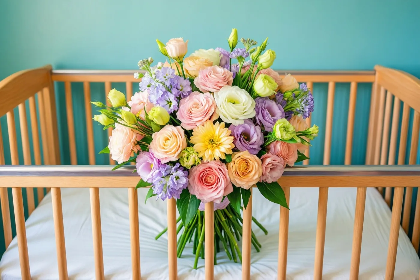 Een boeket pastelkleurige bloemen ligt in een houten babybedje met wit beddengoed tegen een blauwgroene muur.