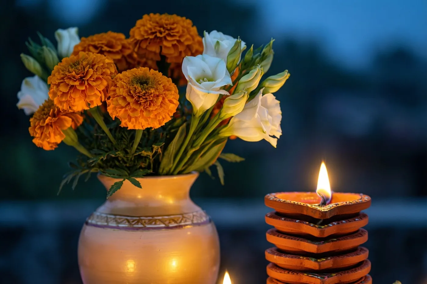 Een vaas met oranje afrikaantjes en witte tuberozen staat naast gestapelde aardewerken olielampjes met een brandend vlammetje, tegen een donkerblauwe schemerachtergrond.