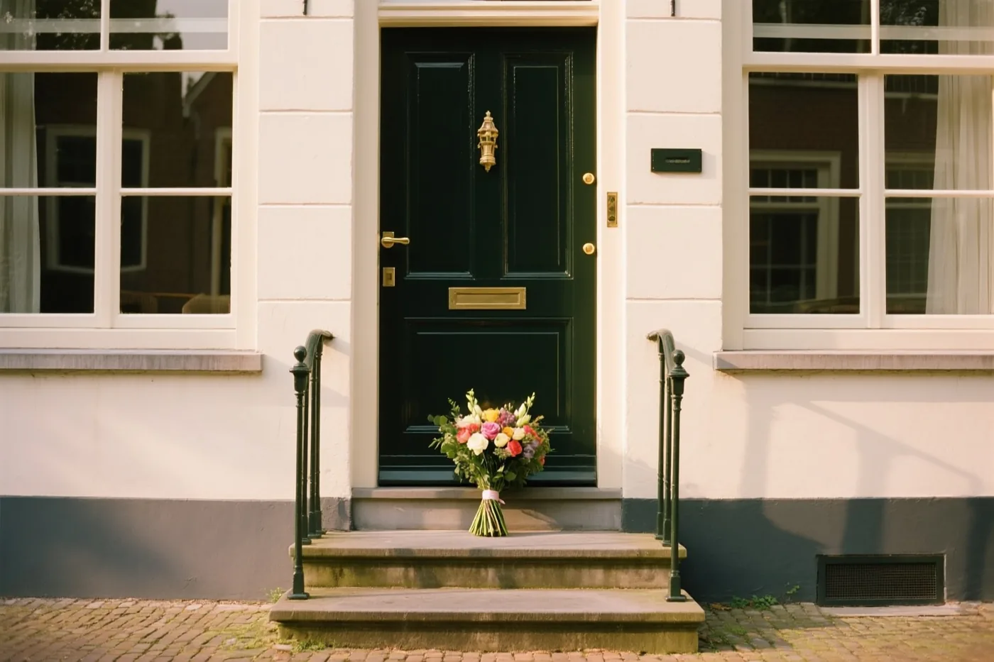 Een kleurrijk boeket ligt op de stenen drempel van een donkergroene voordeur van een wit Vlaams herenhuis in goudkleurig zonlicht.