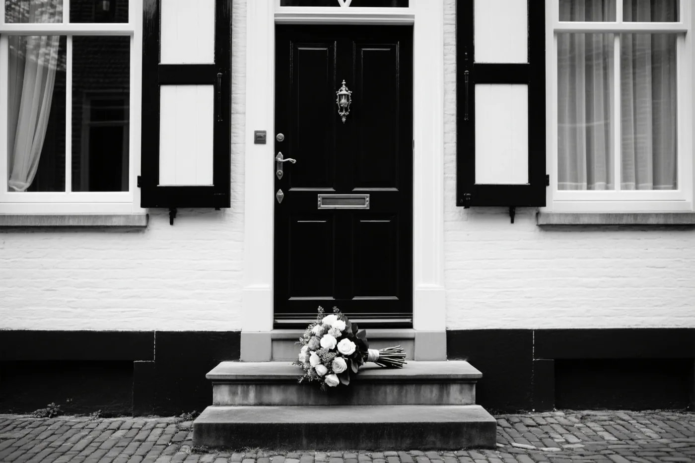 Een boeket bloemen ligt op de stenen drempel van een zwarte voordeur met witte muren van een traditioneel Vlaams herenhuis, weergegeven in zwart-wit.