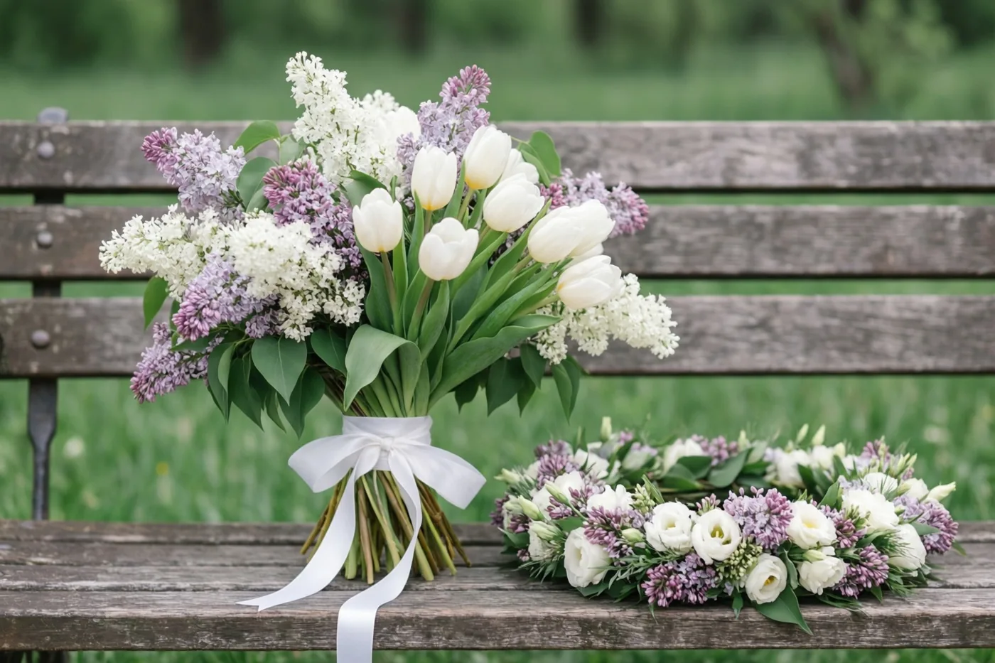 Een boeket witte tulpen en seringen met een wit lint ligt naast een bijpassende bloemenkroon op een houten bank in een groen park, in zacht daglicht.