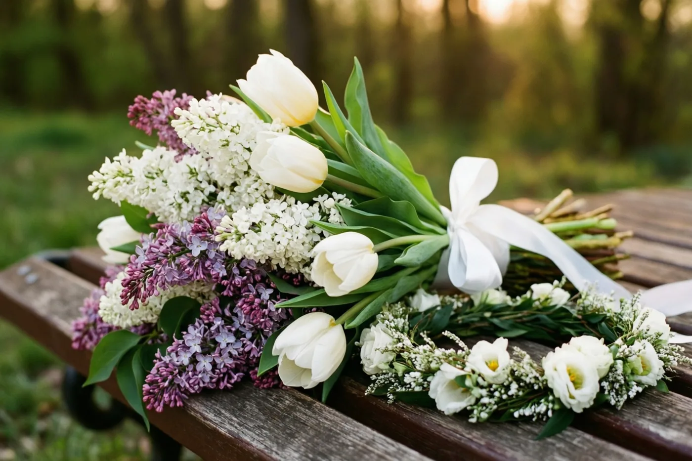 Een boeket witte tulpen en seringen met een wit lint ligt naast een bijpassende witte bloemenkroon op een houten bank in een zonnig bos, met een onscherpe achtergrond.