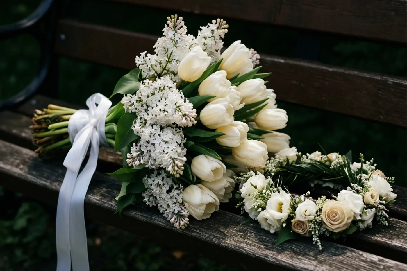 Een boeket witte seringen en crèmekleurige tulpen met een wit lint ligt naast een bijpassende witte bloemenkroon op een verweerde houten bank buiten in zacht daglicht.
