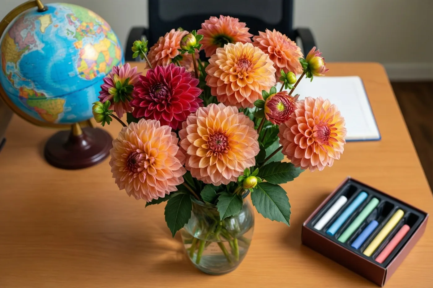 Een kleurrijk boeket dahlia’s staat in een heldere glazen vaas op een houten bureau naast een wereldbol en een doos gekleurd krijt, in warm licht.