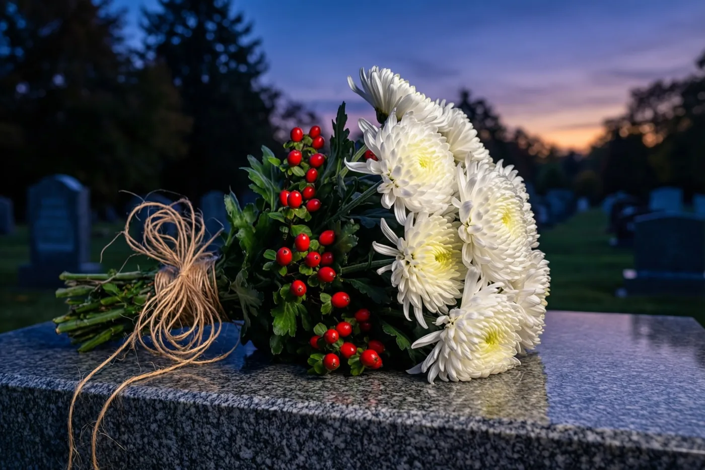 Een met raffia gebonden boeket witte chrysanten en rode bessen ligt op een granieten grafsteen, onder een blauw-paarse avondlucht met licht van de ondergaande zon.