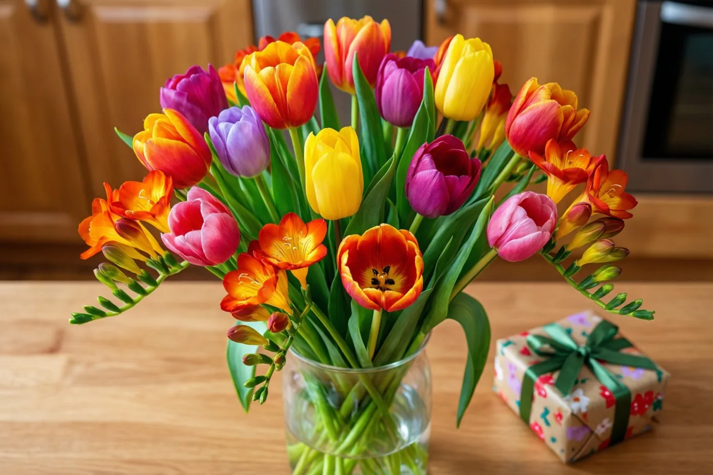 Een boeket tulpen en fresia's staat in een doorzichtige glazen vaas op een houten keukentafel naast een klein cadeau in papier met een patroon en een groen lint.