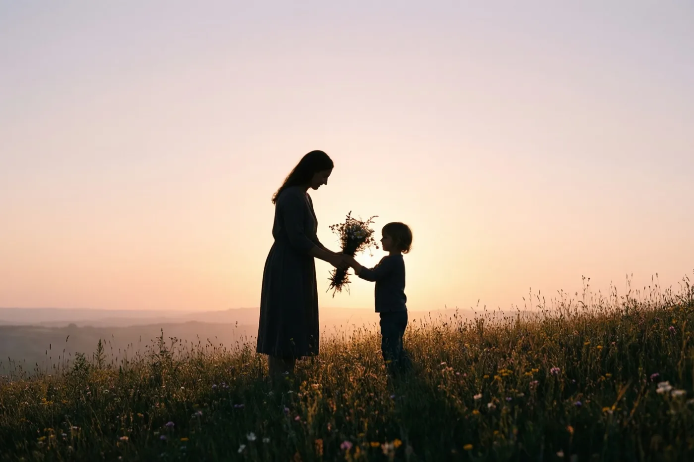 Een kind reikt de moeder een boeket wilde bloemen aan op een grasheuvel bij zonsopgang, met hun silhouetten tegen een oranje en roze hemel.