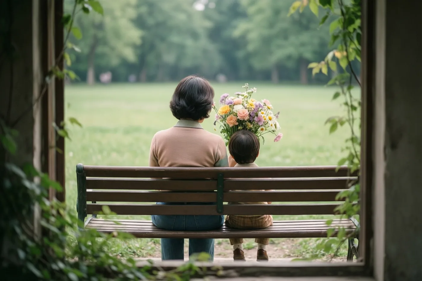 Een moeder en kind zitten met hun rug naar de camera op een houten parkbank, met een boeket in de handen van het kind en groen en een houten constructie rondom.