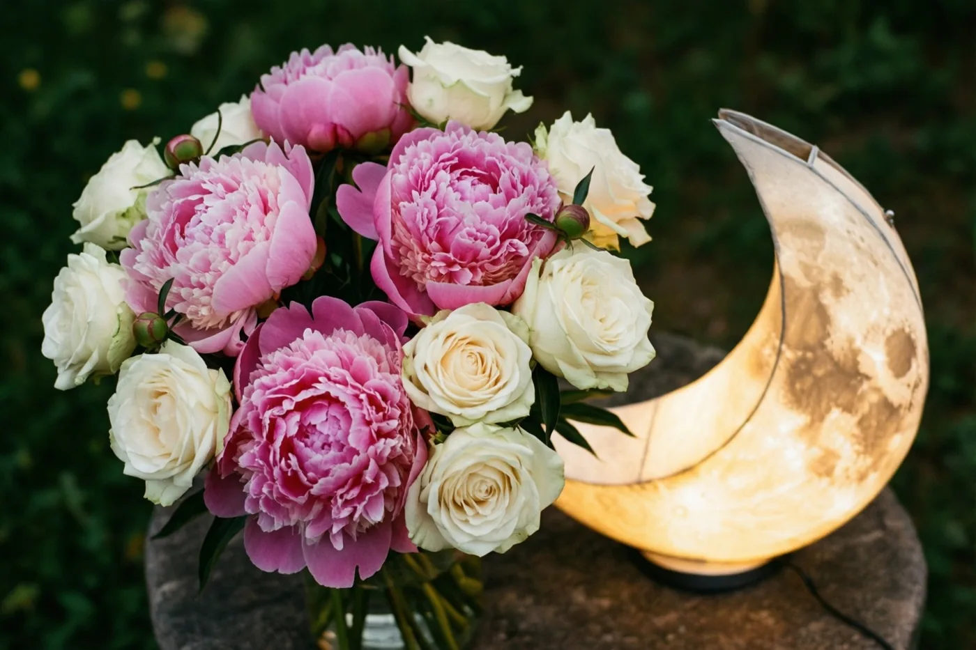 Een boeket roze pioenen en witte rozen staat naast een brandende maanlantaarn op een stenen ondergrond, met onscherp groen op de achtergrond.