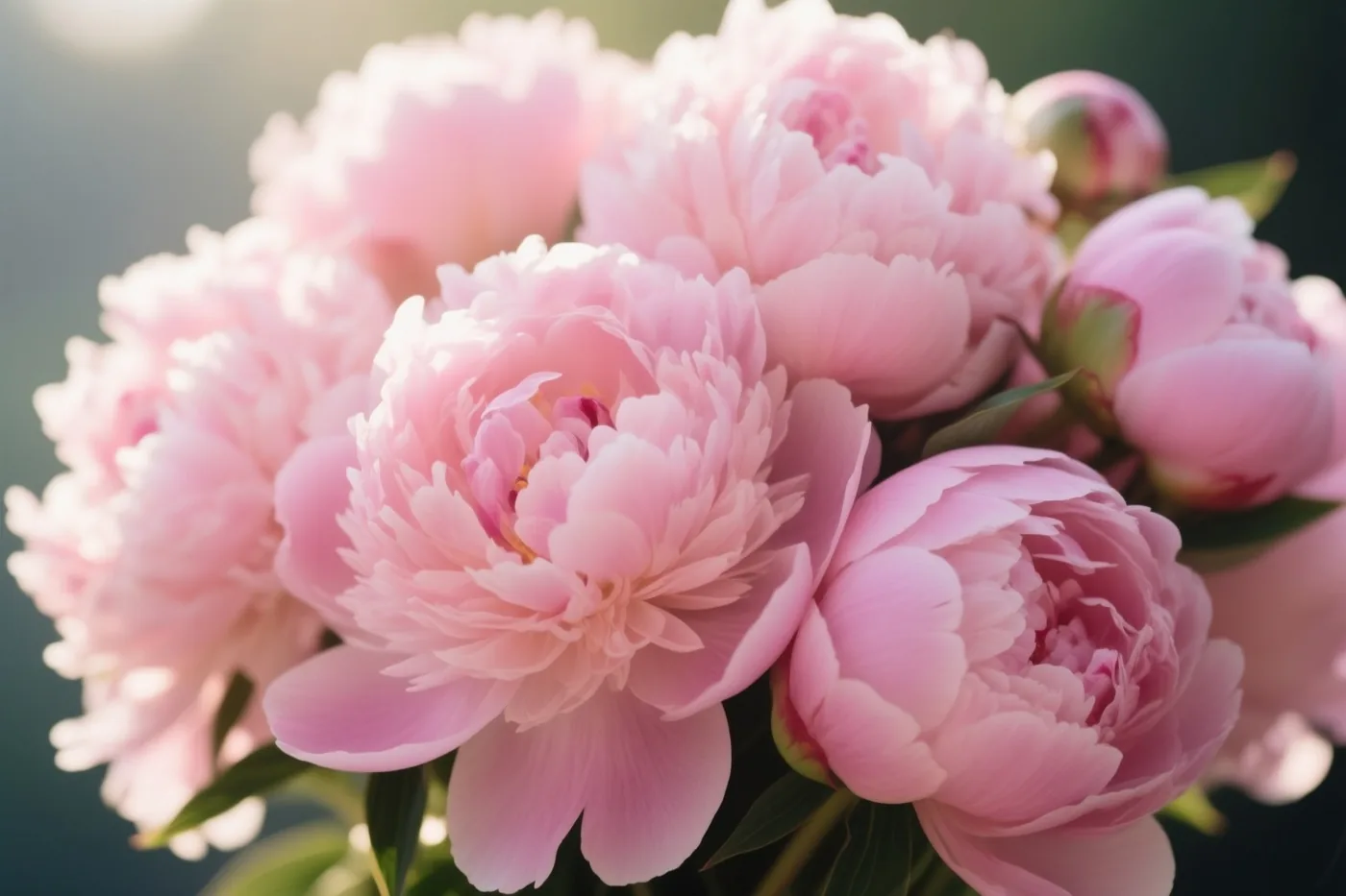 Een groot boeket opengebloeide roze pioenen met groene bladeren staat in zacht ochtendlicht tegen een onscherpe achtergrond in gedempte tinten.
