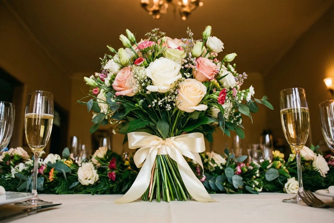 Een boeket met een crèmekleurig lint staat midden op een feestelijk gedekte tafel met champagneglazen en een bloemenslinger in warm licht.