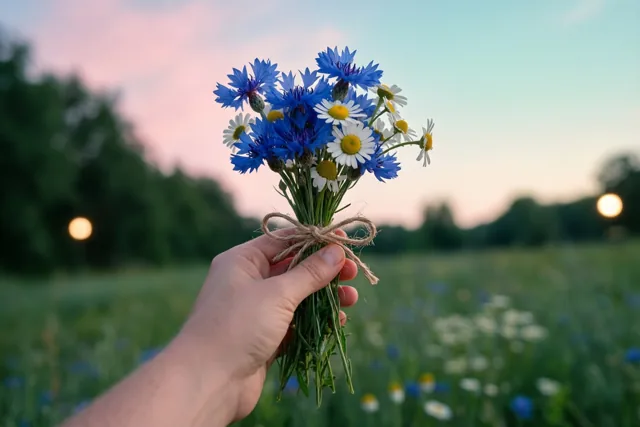 Een hand houdt een met touw gebonden boeketje blauwe korenbloemen en witte madeliefjes vast voor een wazig veld en een lucht bij zonsondergang.