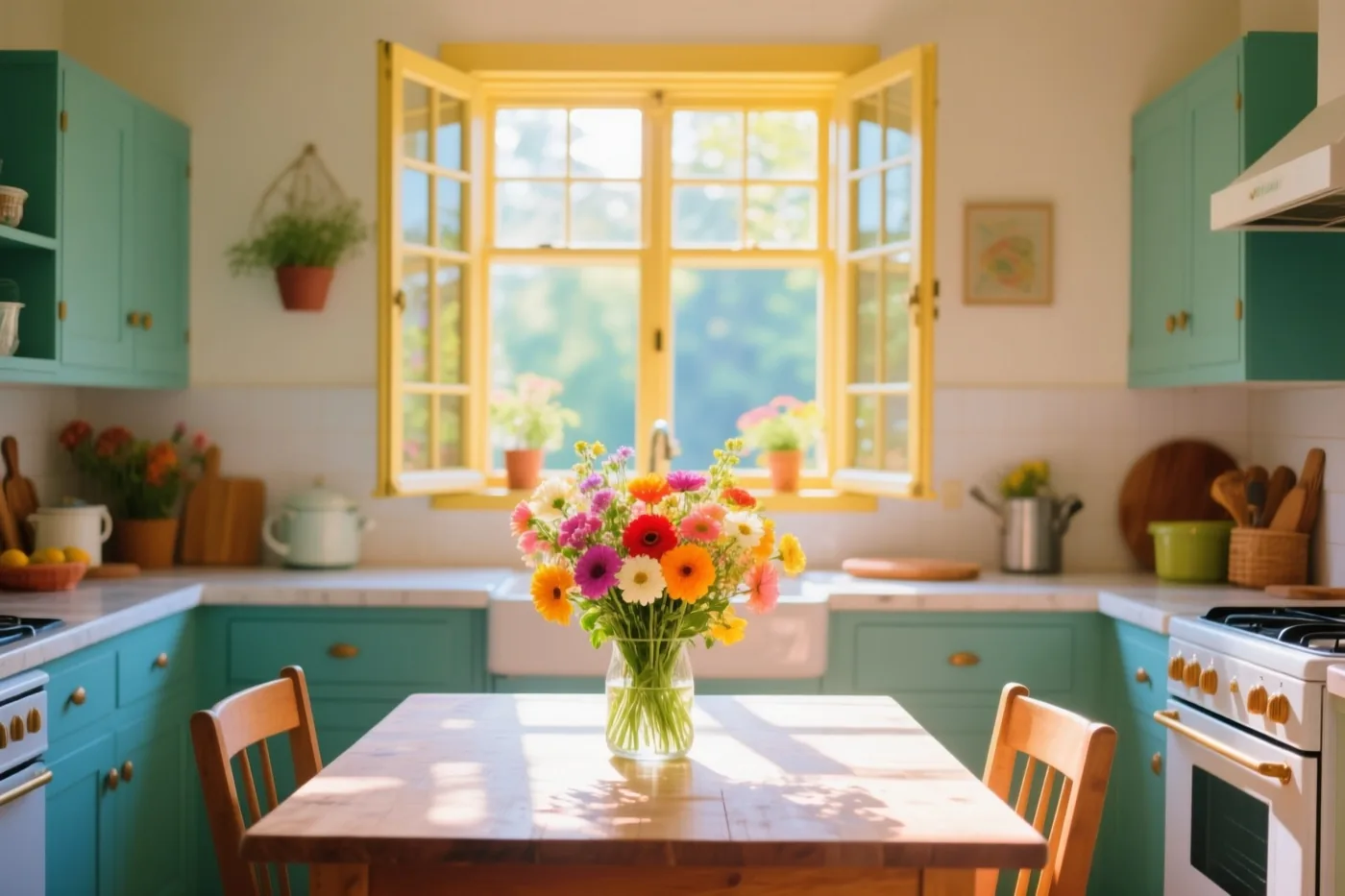 Een kleurrijk boeket in een glazen vaas staat op een houten tafel voor een open geel raam in een keuken met blauwgroene kasten en witte werkbladen.