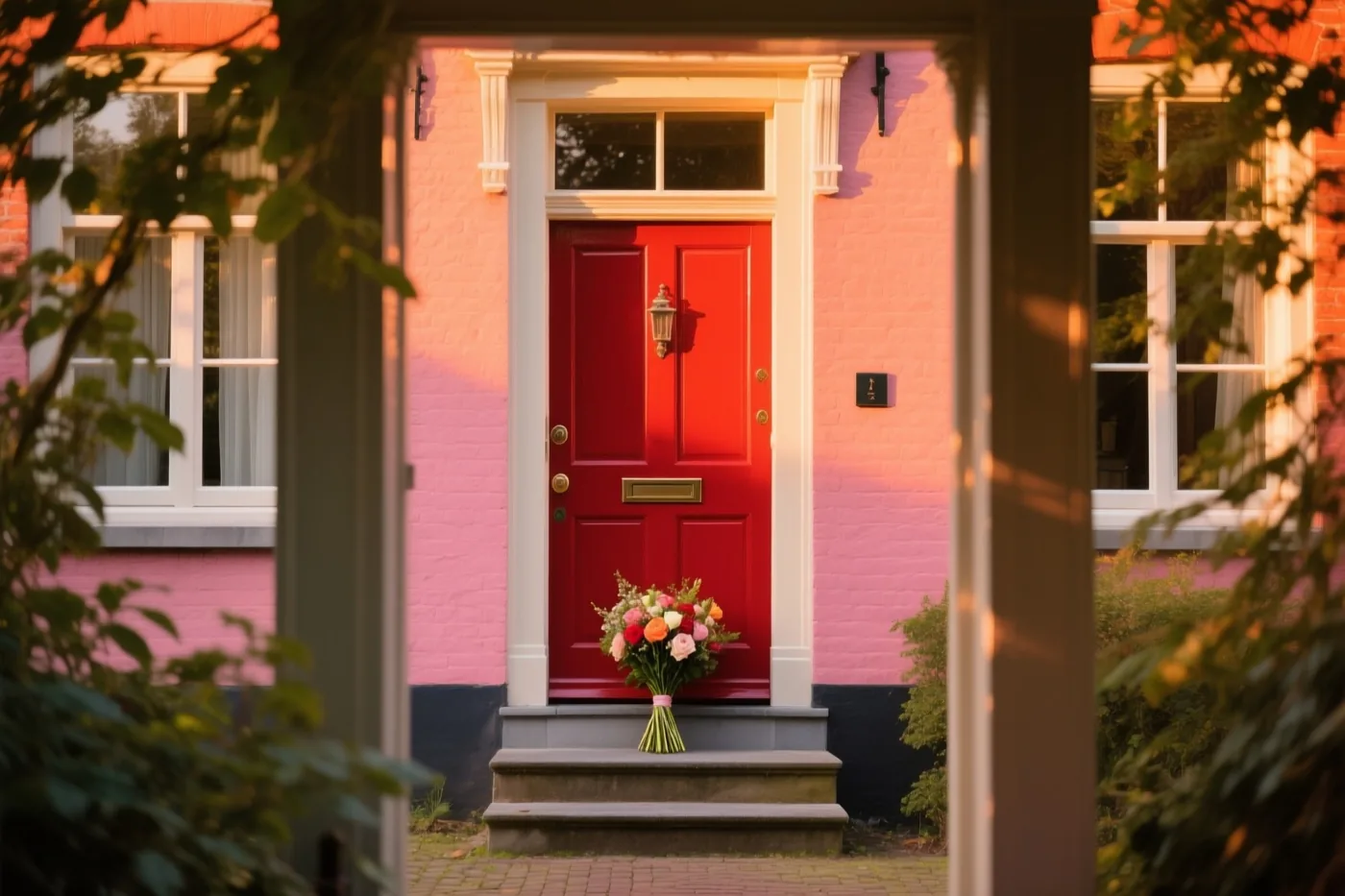 Door een houten omlijsting is een rode voordeur van een roze bakstenen Vlaams herenhuis te zien, met een kleurrijk boeket op de stenen treden in warm zonlicht.