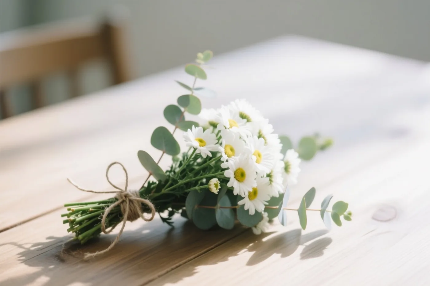 Een klein boeket witte madeliefjes en eucalyptusbladeren, gebonden met touw, ligt in natuurlijk zonlicht op een lichte houten tafel.