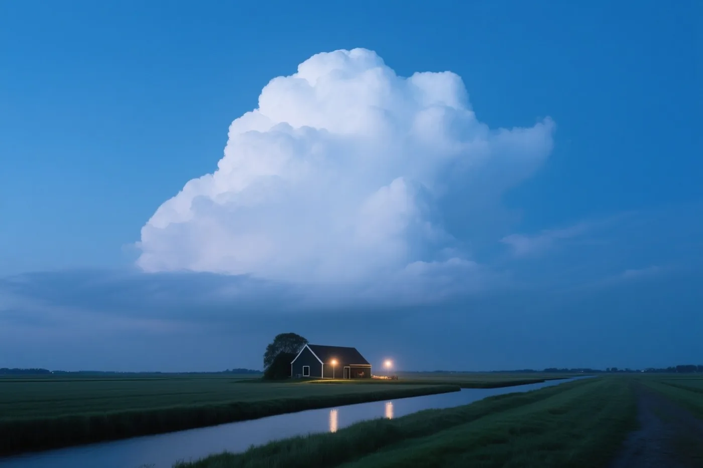 Een alleenstaande boerderij met verlichte ramen staat naast een kanaal in een vlakke polder onder een uitgestrekte blauwe lucht.