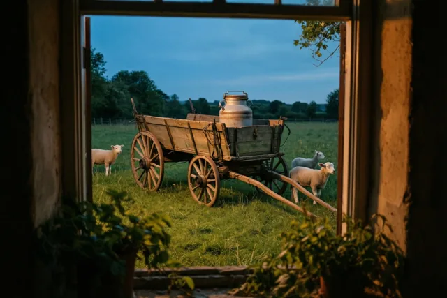 Lenteavond door een oud raam