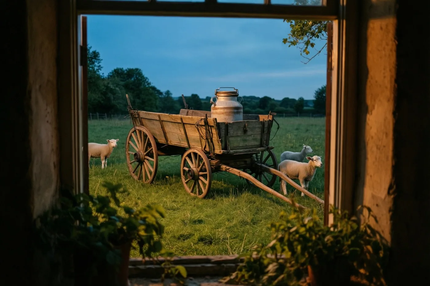 Door een houten raam is een oude houten boerenkar met een melkbus tussen lammetjes in een grasweide te zien, met afnemend daglicht, een koelblauwe hemel en warme binnenverlichting.