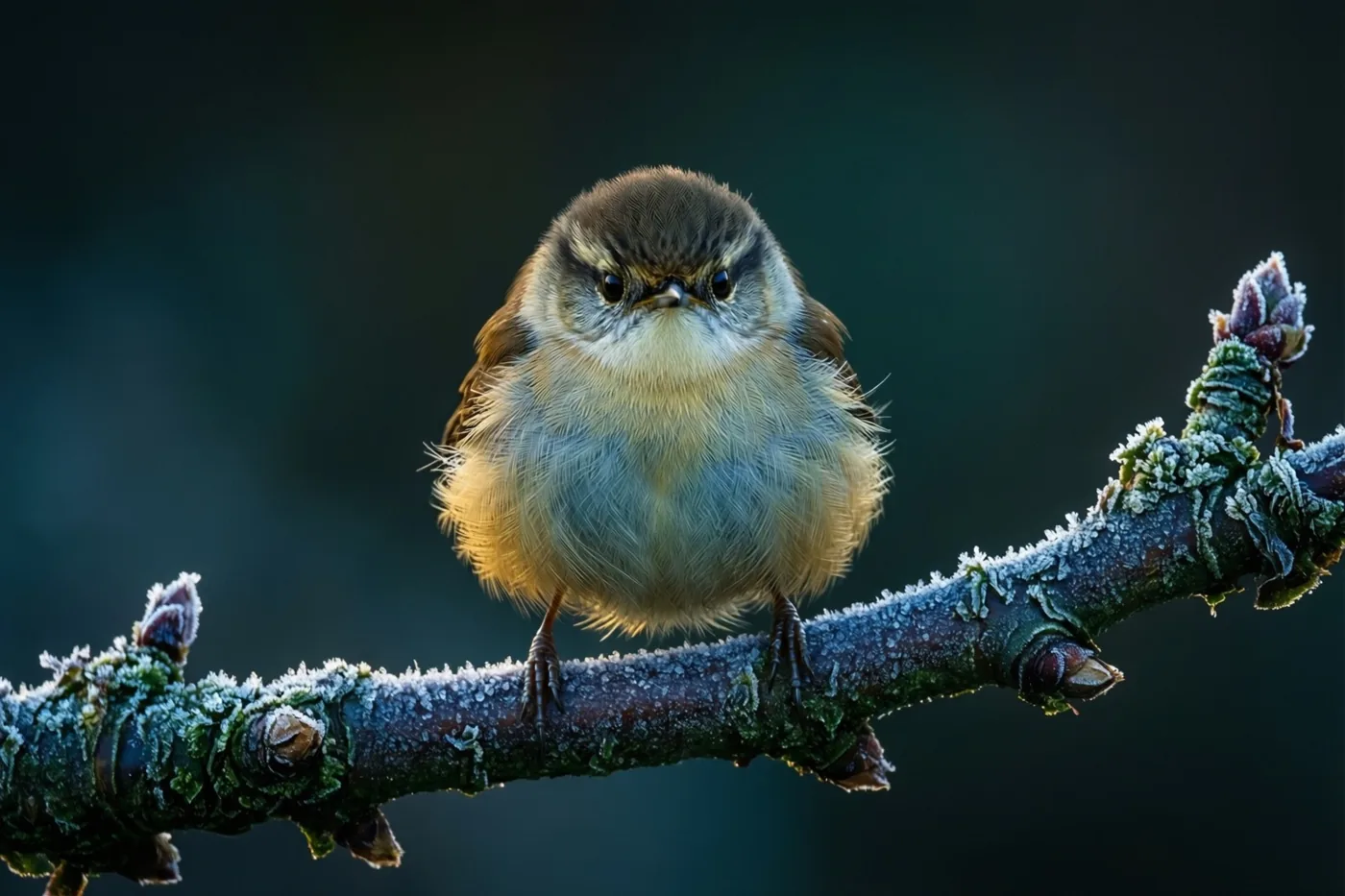 Een winterkoninkje met tot een bolletje opgezette veren zit op een berijpt takje tegen een donkere, onscherpe blauwgroene achtergrond.