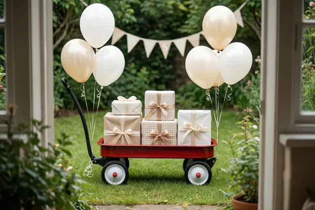 Door een open deuropening is een rode bolderkar met ingepakte cadeaus en strikken te zien op het gras in een tuin, met ballonnen aan de trekstang en vlaggetjes achteraan.