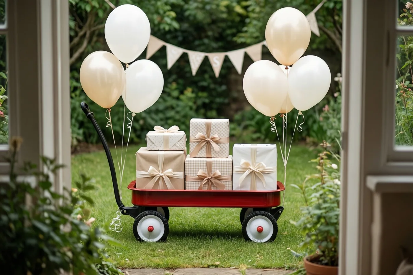 Door een open deuropening is een rode bolderkar met ingepakte cadeaus en strikken te zien op het gras in een tuin, met ballonnen aan de trekstang en vlaggetjes achteraan.
