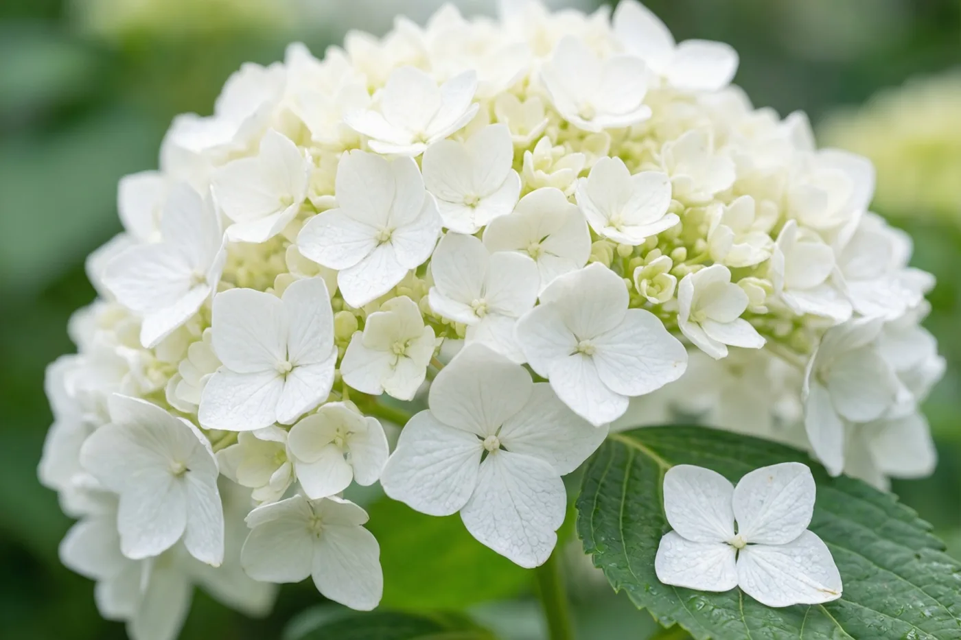 Een grote, bolvormige witte hortensiabloem is van dichtbij te zien, met weelderige groene bladeren op de onscherpe achtergrond.