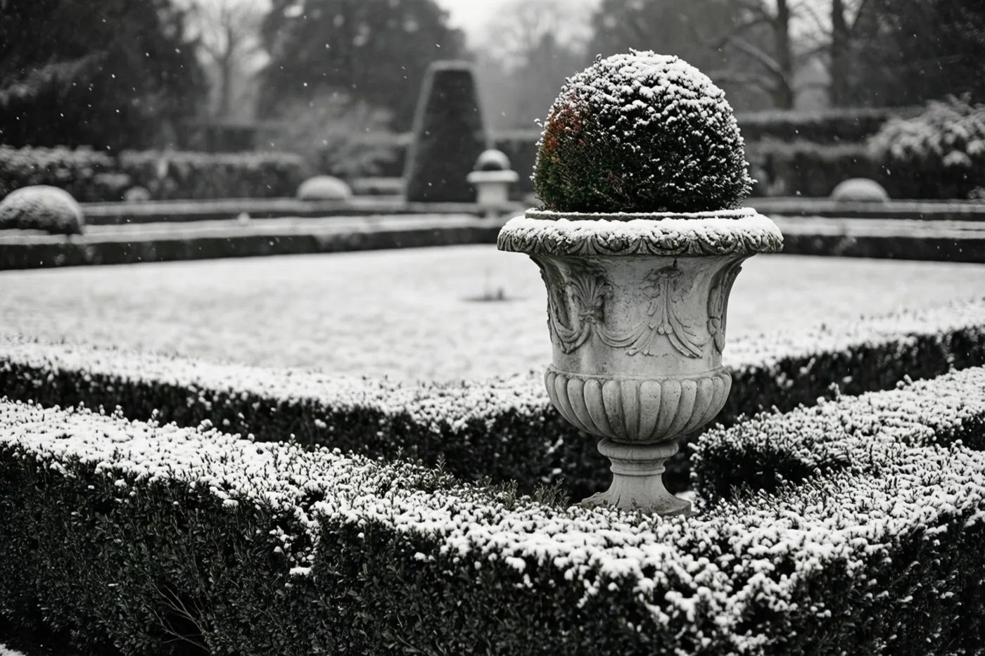 Een monochroom beeld toont een besneeuwde formele tuin met een stenen siervaas met een bolvormig gesnoeide struik tussen nette buxushagen.