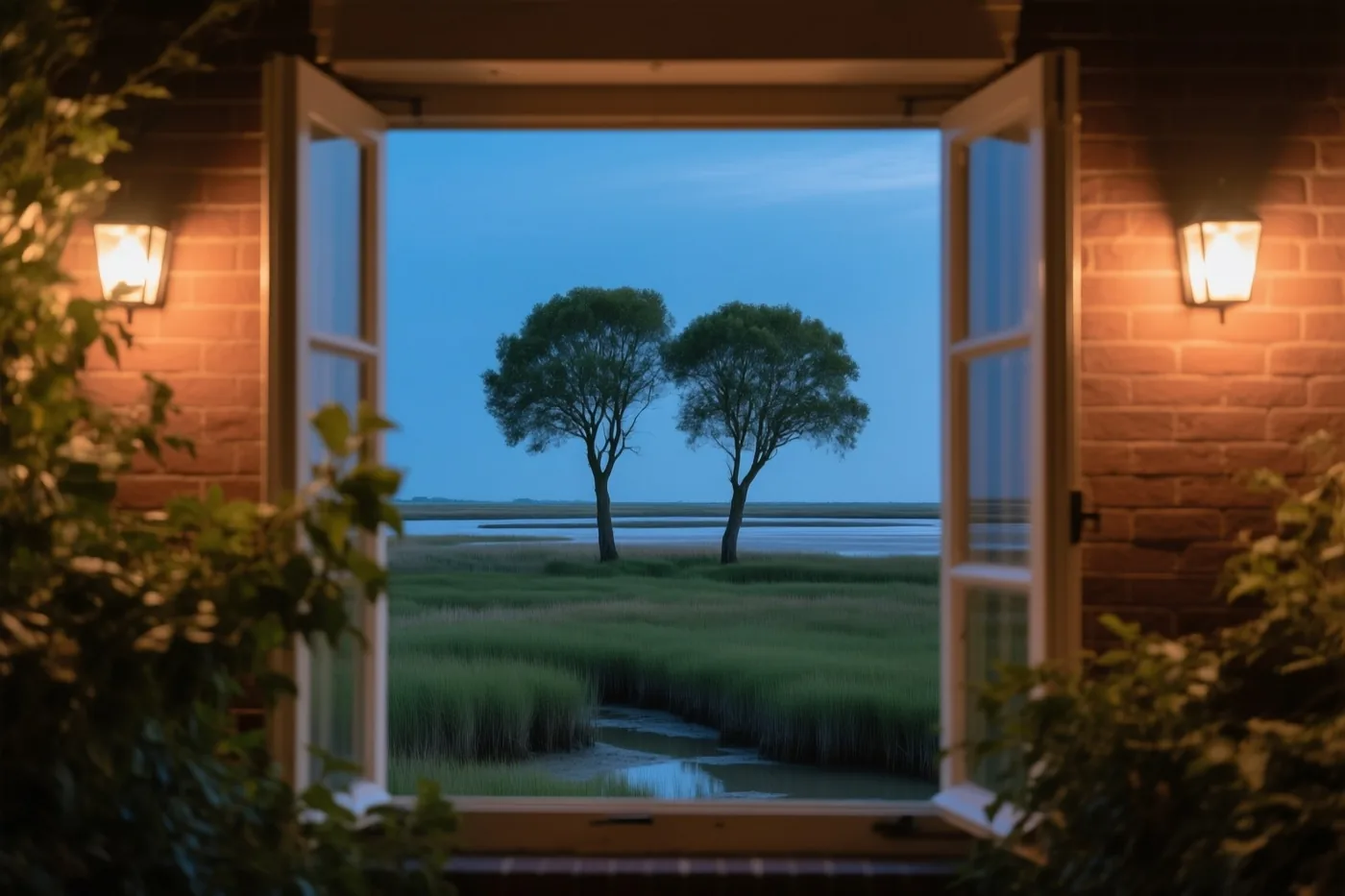 Een open raam biedt zicht op twee bomen dicht bij elkaar in een schor bij schemering, met warm binnenlicht en een koelblauwe lucht.