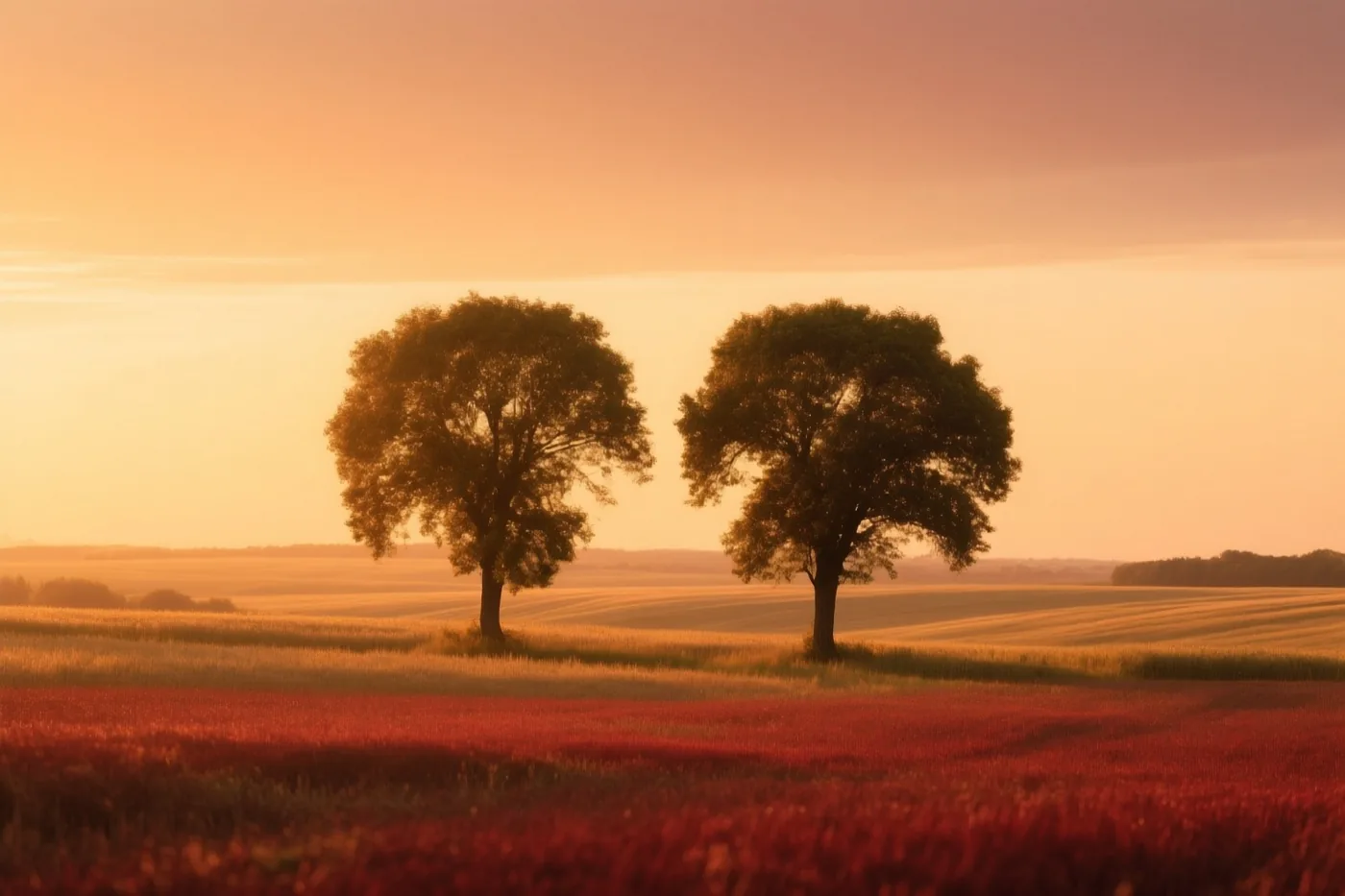 Twee bomen staan naast elkaar in een uitgestrekt veld bij zonsondergang in gouden en dieprode tinten.