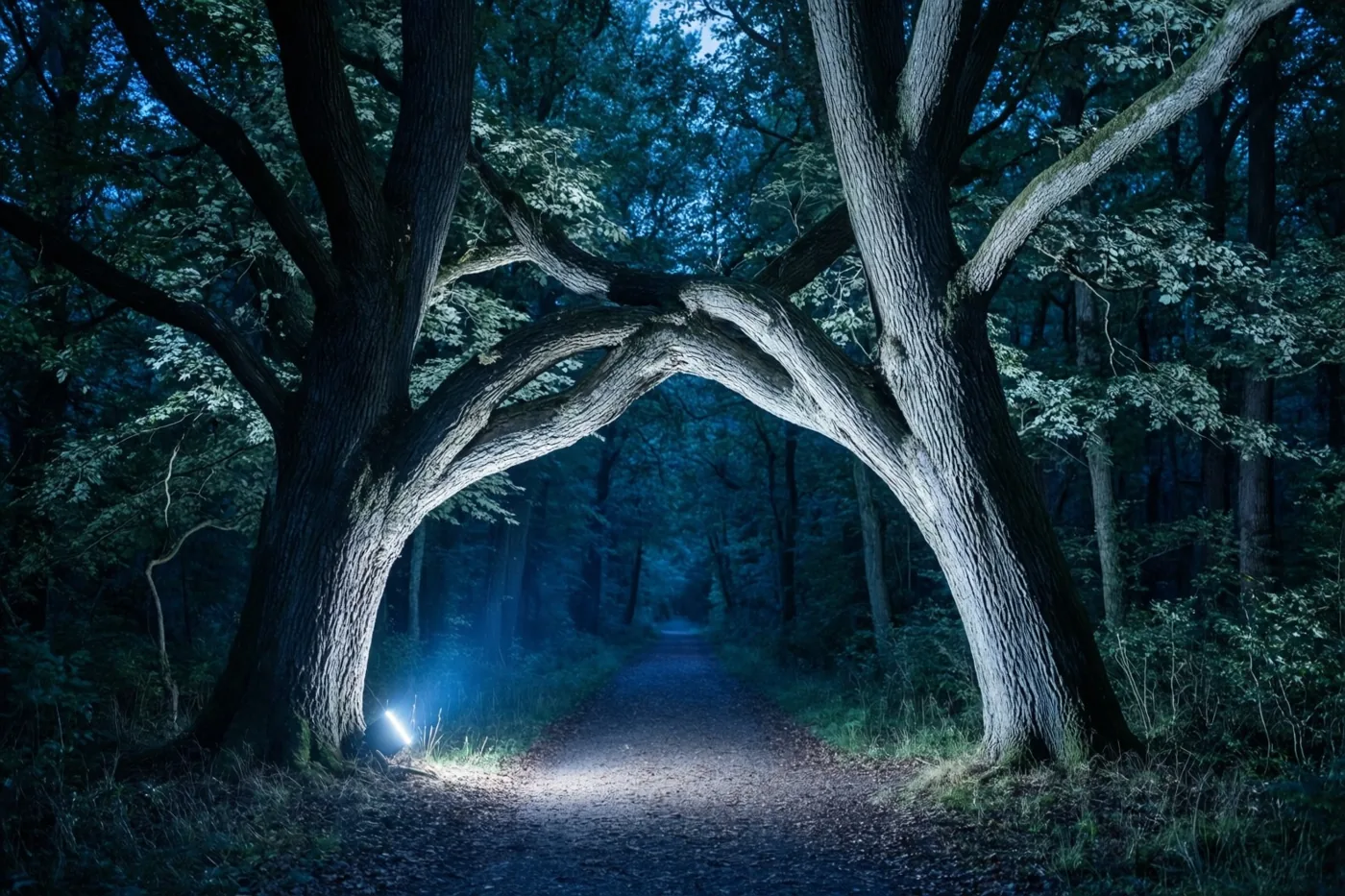Twee grote bomen met verstrengelde takken vormen 's nachts een boog over een bospad, met helder licht op het pad en de stammen in koele blauwe tinten.