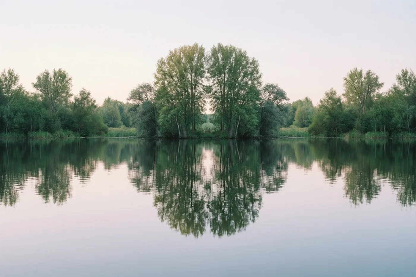 Een rij groene bomen weerspiegelt in kalm water met zachte rimpels onder een bleke hemel, in gedempte tinten.